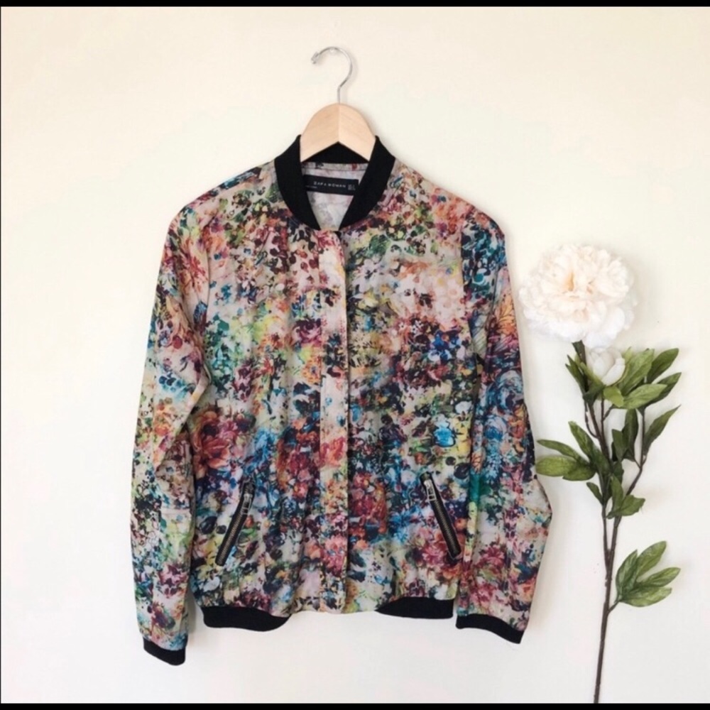 Zara | Watercolor Floral Bomber Jacket